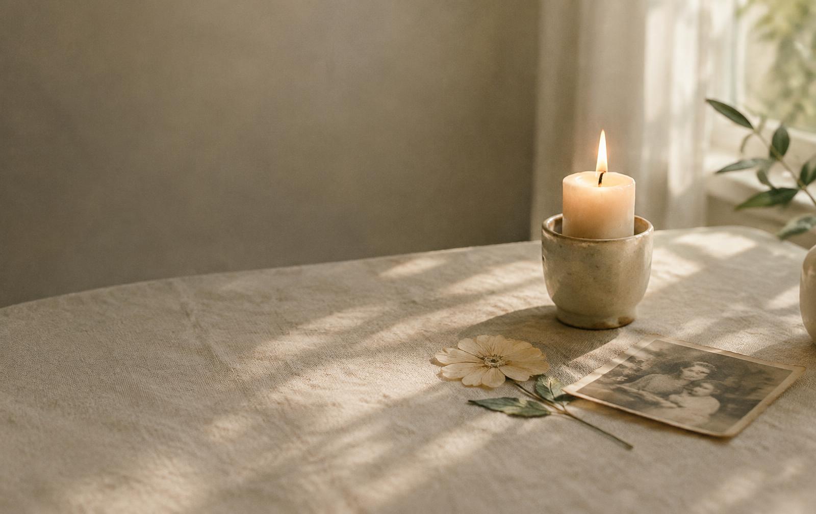 A lit candle beside a pressed flower and an old photograph
